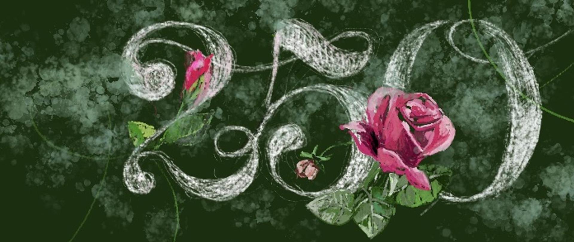 250. rocznica powstania Komisji Edukacji Narodowej - na zielonym tle tablicy upamiętniona została liczba lat zapisana kredą, które ozdabiają ciemnoróżowe róże.