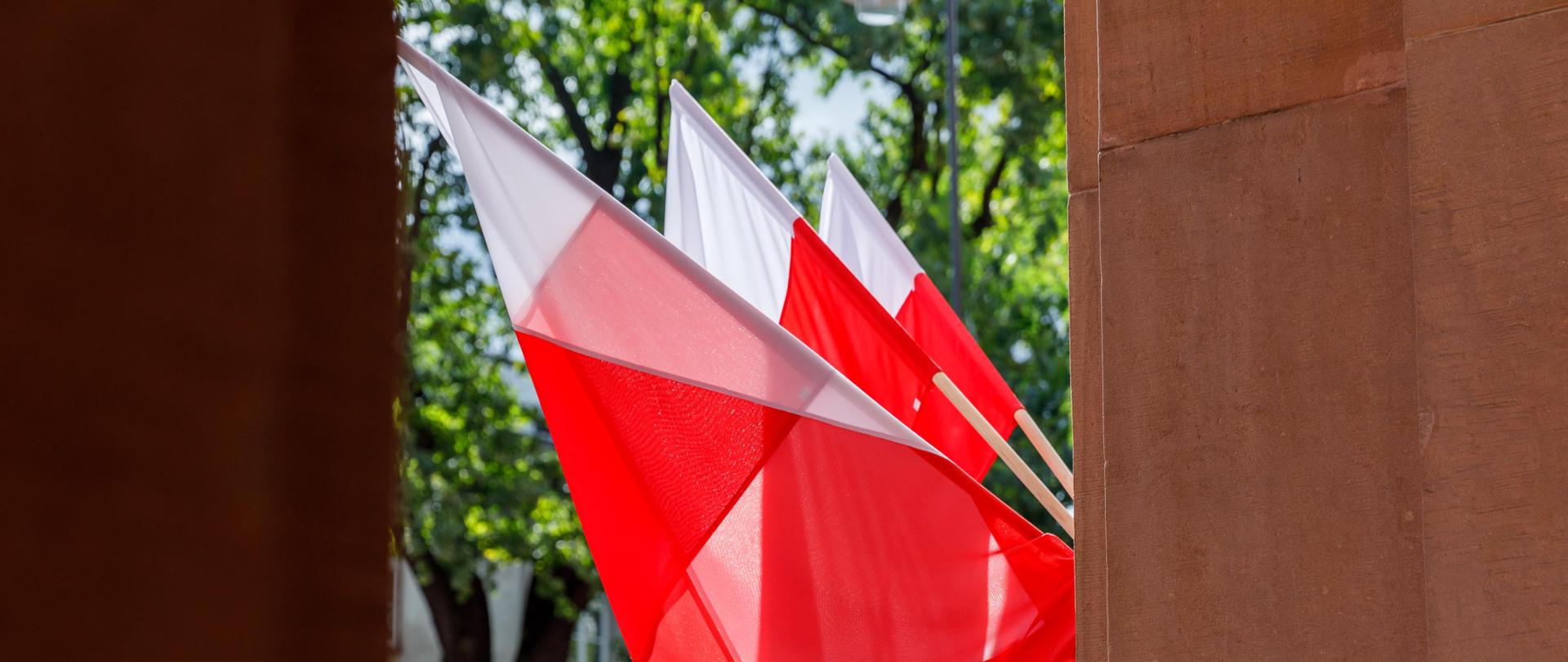 Polish flags by the entrance to the Ministry of Foreign Affaires