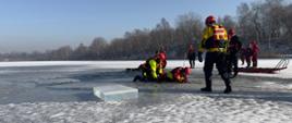 Na zamarzniętym jeziorze strażacy w czerwonych i żółtych suchych skafandrach i kaskach strojach ratowniczych ćwiczą akcję lodową. Kilku z nich klęczy przy przeręblu, wyciągając osobę z wody na lód i zabezpieczając ją liną. Inni stoją w pobliżu i obserwują przebieg ćwiczeń. Na lodzie widać wycięty blok lodu i sanie ratownicze, a w tle znajdują się nagie, zimowe drzewa i jasne niebo.