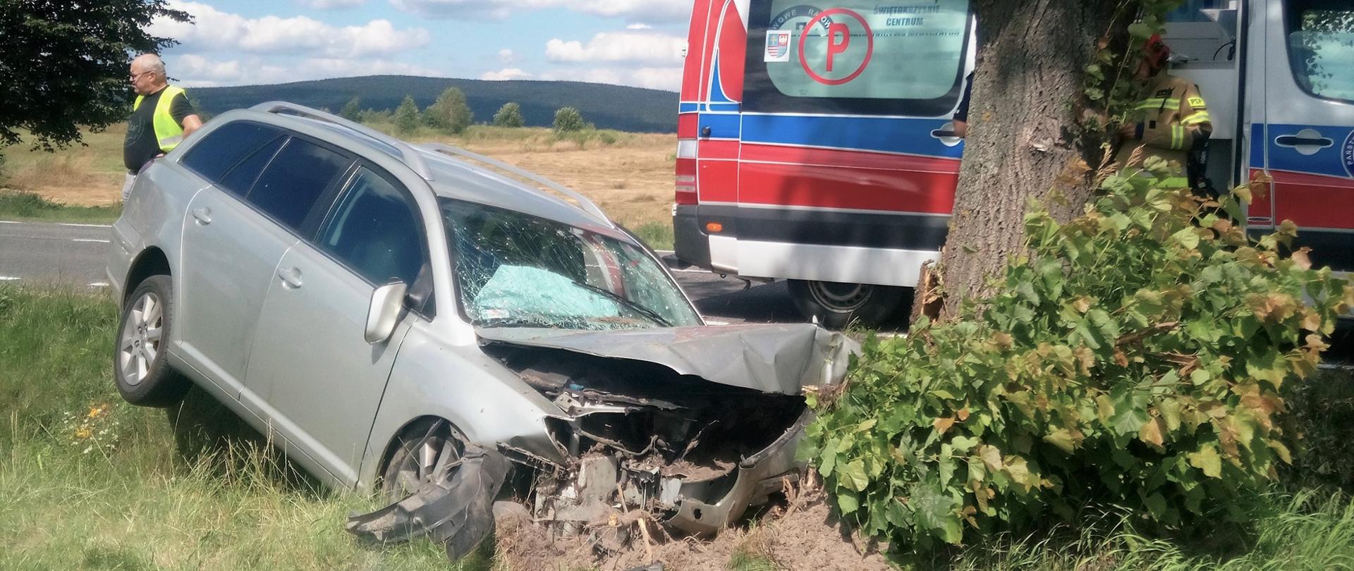 Na zdjęciu przedstawiono samochód osobowy, który uderzył w drzewo. Po prawej stronie za zniszczonym autem stoi ambulans Państwowego Ratownictwa Medycznego.