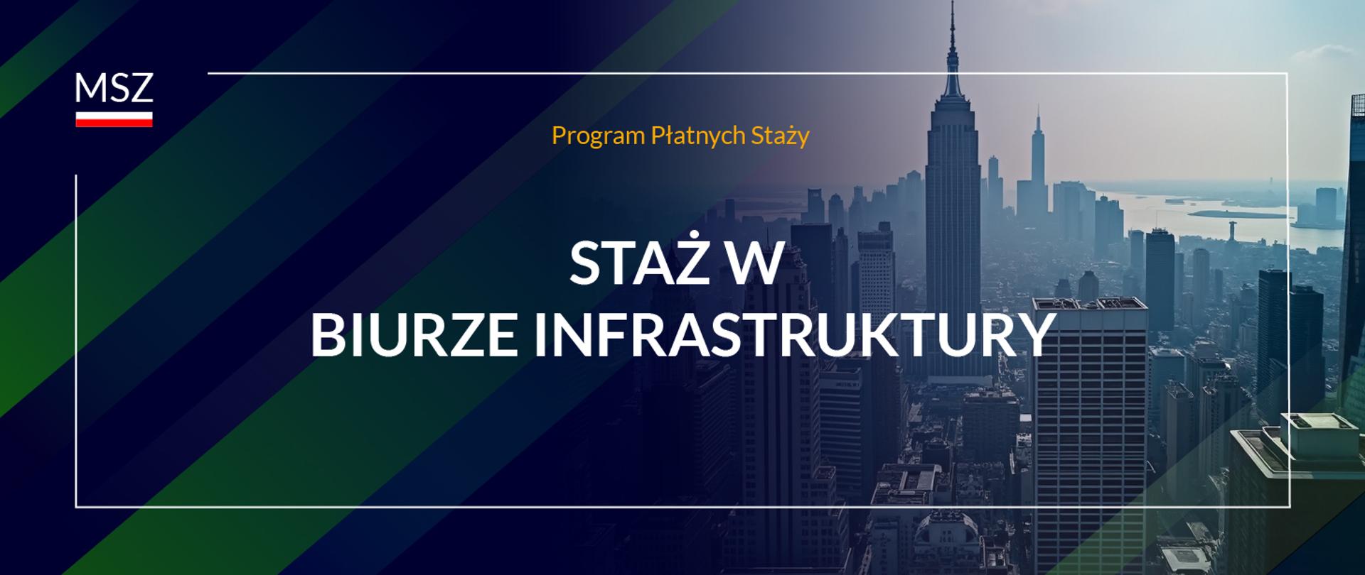 Prostokątna grafika w kolorze granatowym z widokiem panoramy miasta zawierająca uproszczone logo MSZ w lewym górnym rogu oraz napisy w centralnej części obrazka "Program Płatnych Staży" i "Staż w Biurze Infrastruktury".