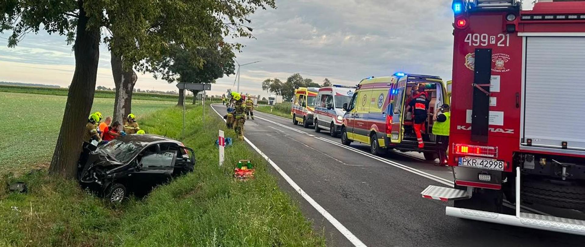 Zdjęcie przedstawia miejsce wypadku, samochód osobowy znajduje się przy drzewie w rowie, a na drodze stoją ambulanse i wozy strażackie.