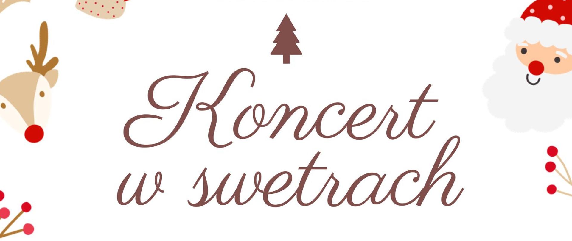 Plakat z wydarzeniem - Plakat zapowiada wydarzenie świąteczne pt. „Koncert w swetrach”, organizowane przez flecistów ZPSM im. Prof. K. Pendereckiego w Dębicy. Grafika utrzymana jest w bożonarodzeniowej stylistyce – dominują kolory czerwieni, beżu i bieli oraz ilustracje bombek, skarpet świątecznych, choinek, renifera i postaci Świętego Mikołaja. W programie koncertu znajdują się utwory fletowe z towarzyszeniem fortepianu oraz tradycyjne polskie kolędy. Wystąpią uczniowie – fleciści z klasy fletu P. Jagiełło-Stanowskiego, a przy fortepianie zasiądzie Waldemar Różański. Wydarzenie odbędzie się 19 grudnia 2025 roku o godzinie 17:00 w sali 39.
