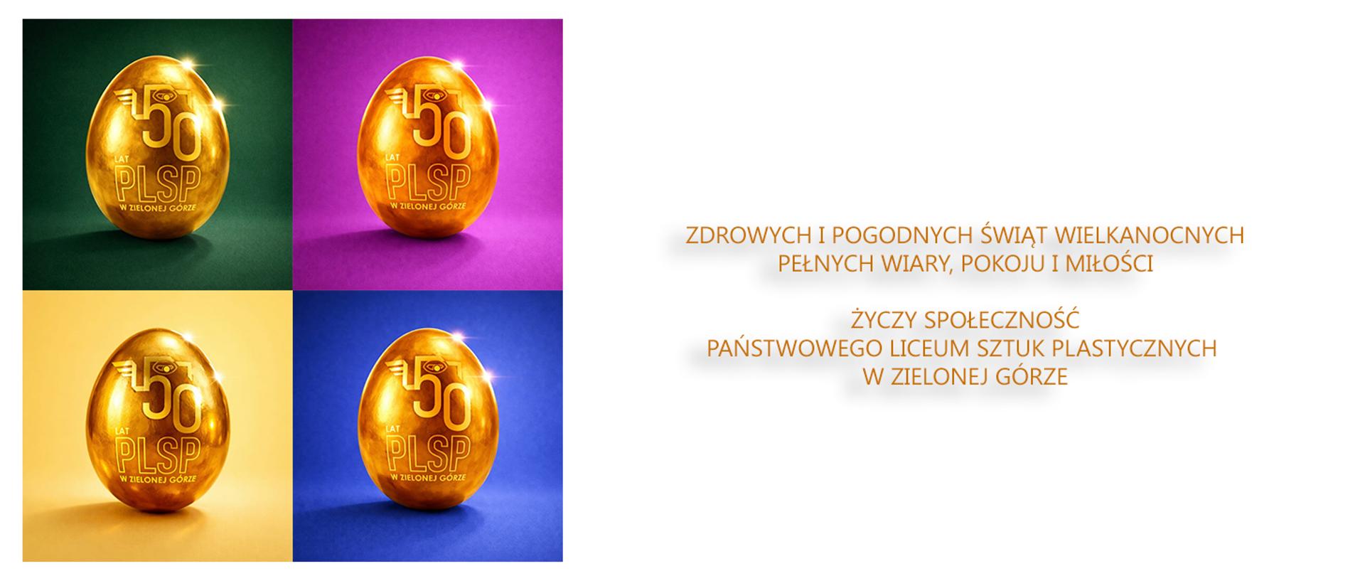 Po lewej stronie widoczna ilustracja czterech złotych jajek z logiem szkoły. Po prawej stronie znajduje się tekst życzeń wielkanocnych.