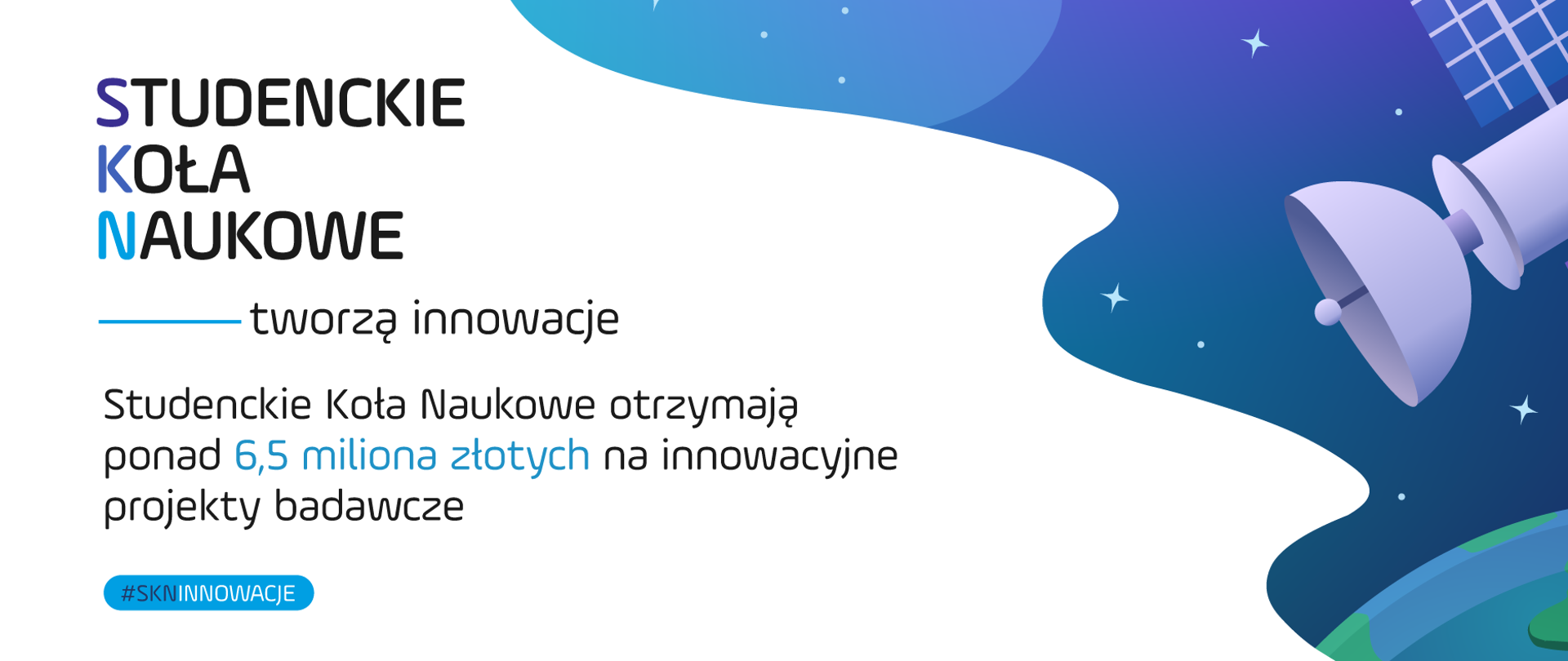 Grafika z tekstem: "Studenckie koła naukowe tworzą innowacje. Studenckie Koła Naukowe otrzymają ponad 6,5 miliona złotych na innowacyjne projekty badawcze".