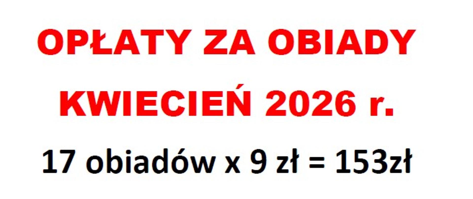 Opłaty za obiady w miesiącu kwiecień 2026