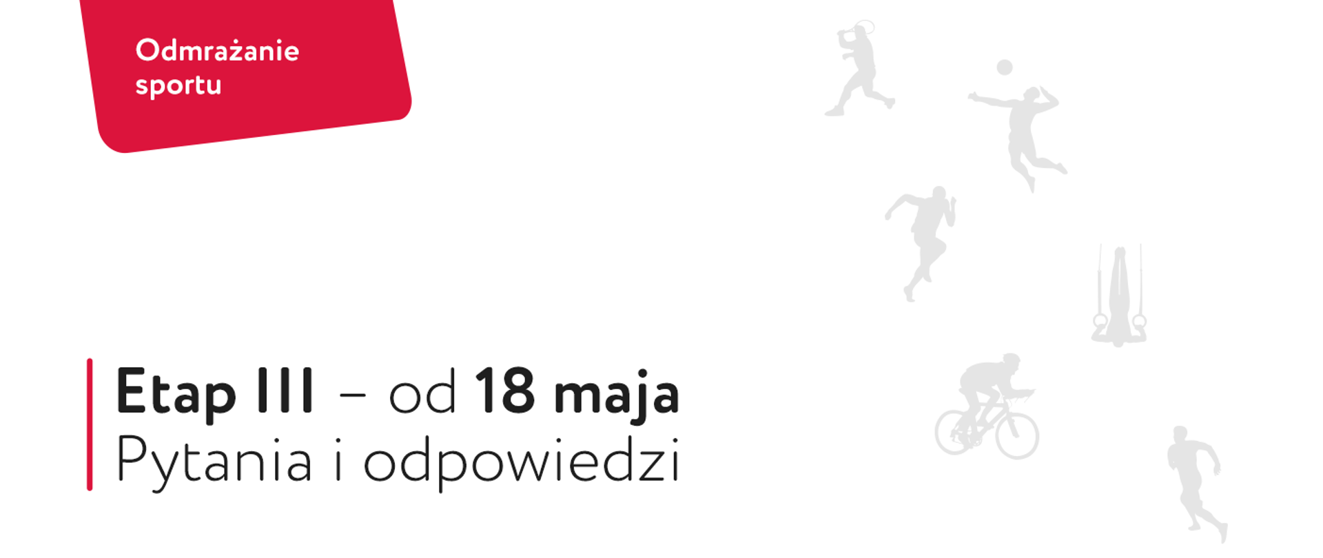 Napis "Odmrażanie Sportu". Poniżej tytuł "Etap III - od 18 maja. Pytania i Odpowiedzi". Po prawej ikony symbolizujące sylwetki sportowców uprawiających różne sporty.