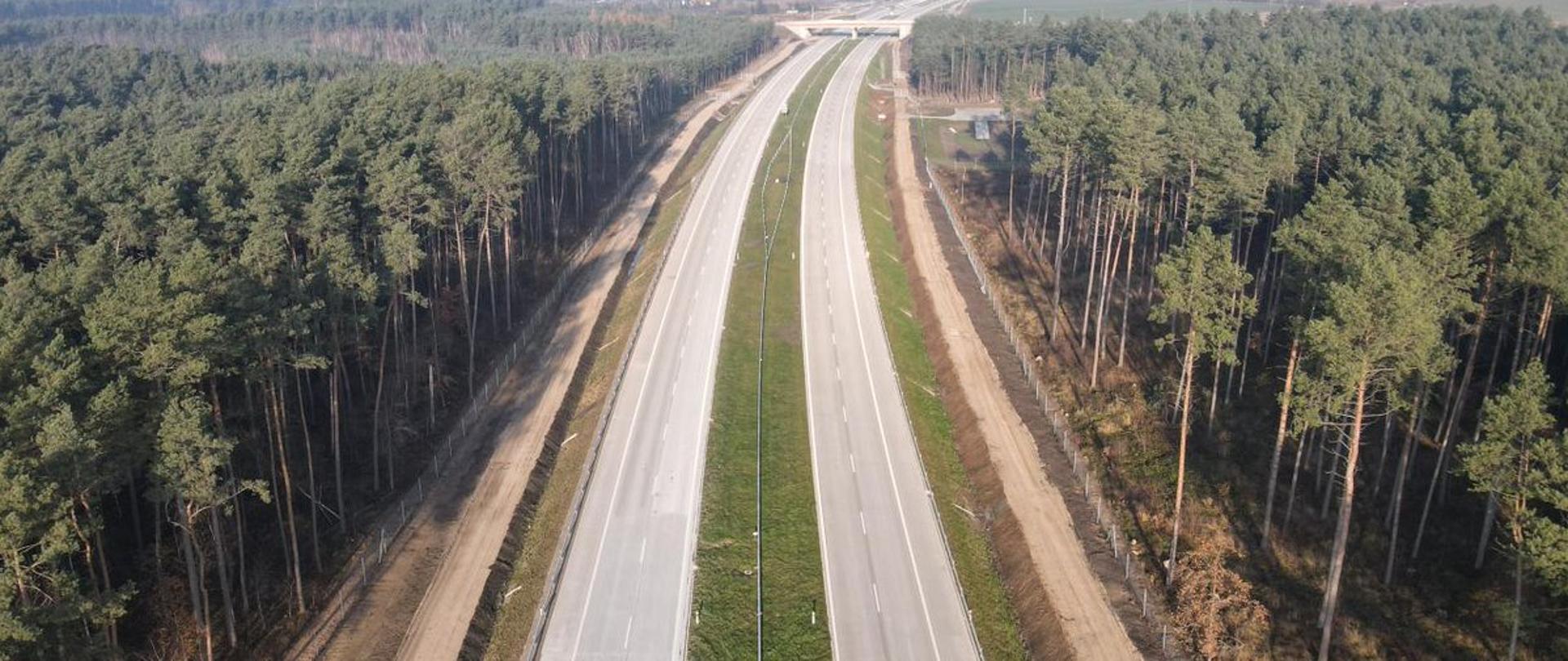 Szeroka droga z dwoma pasami ruchu biegnąca przez las