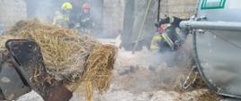 Na zdjęciu widać strażaków prowadzących działania gaśnicze, między innymi dogaszają miejsce pożaru oraz przerzucają tlącą się słomę w celu jej dogaszenia.