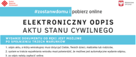 Biało-błękitna grafika opisująca instrukcję uzyskania elektronicznego odpisu aktu stanu cywilnego