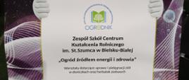 Plakat 16. Beskidzkiego Festiwalu Dobrej Energii z rysunkową postacią o białej, okrągłej głowie w czerwonej czapce i zielonym stroju, trzymającą duży szyld. W tle ciemne, abstrakcyjne światła i żółte okręgi przypominające żarówki. Na plakacie widoczne są informacje o warsztatach dotyczących uprawy i pielęgnacji ziół oraz logotypy organizatorów.