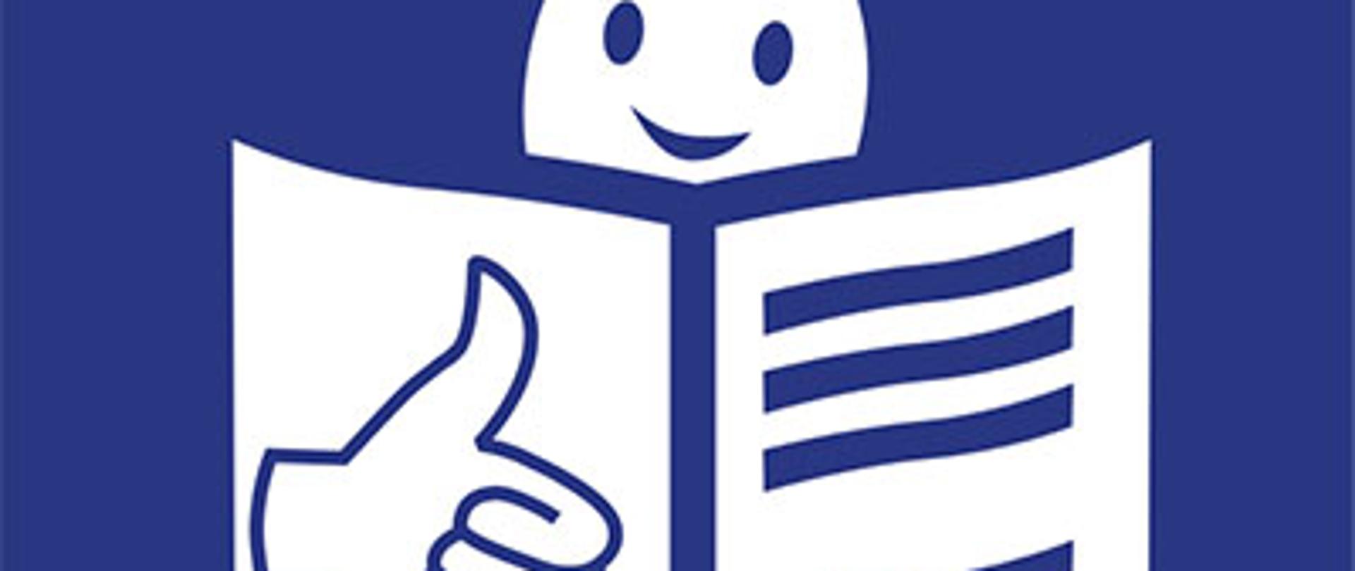 Zdjęcie przedstawia głowę nad otwartą książką i podniesiony w górę kciuk w geście OK