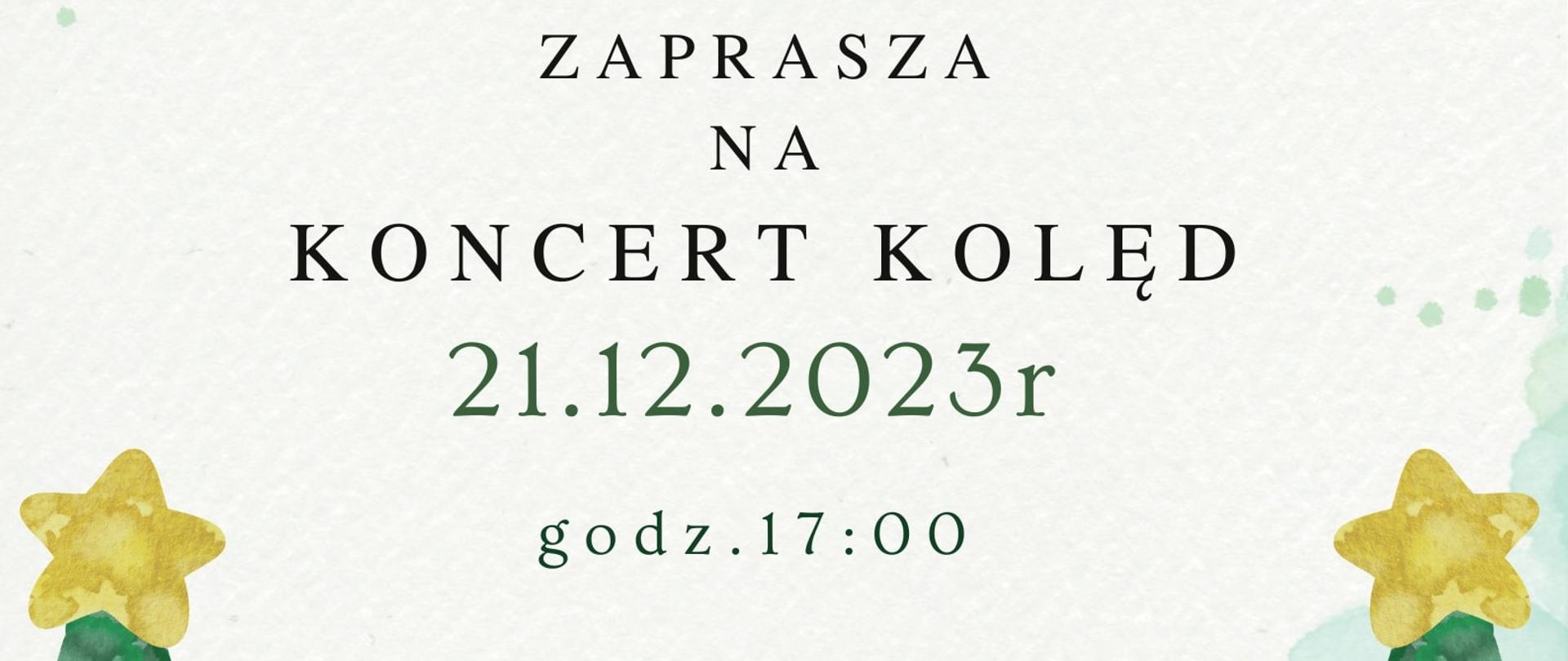 Na górze plakatu znajdują zielone gałązki choinek i bąbki. Poniżej znajduję się logotyp szkoły. Na dole plakatu mamy 2 choinki bo bokach a między choinkami znajdują się prezenty. 