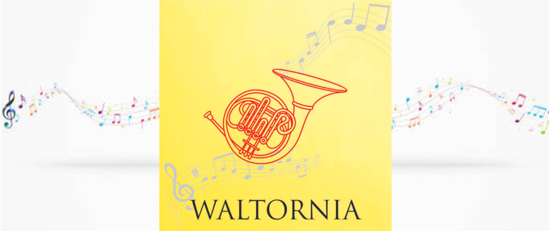grafika przedstawiająca waltornię na tle nut , pod grafiką instrumentu napis waltornia