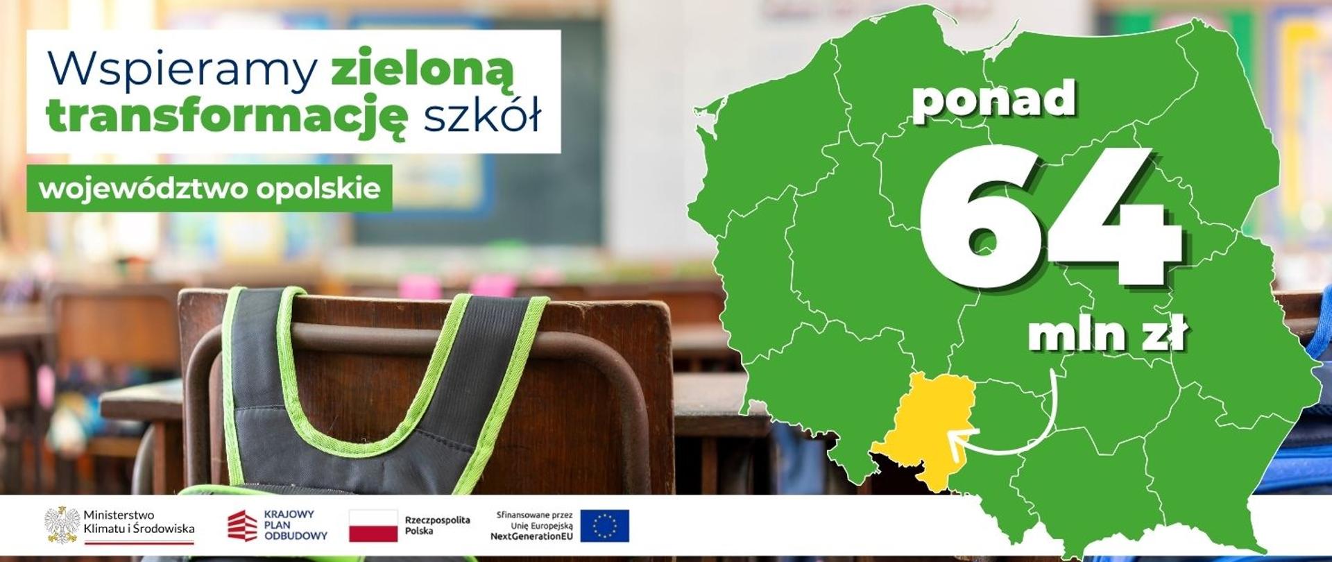 Na banerze po lewej stronie widnieje napis: Wspieramy zieloną transformację szkół województwo opolskie. Po prawej stronie widoczna jest mapa Polski z zaznaczonym na żółto woj. opolskim i napisem ponad 64 mln zł.