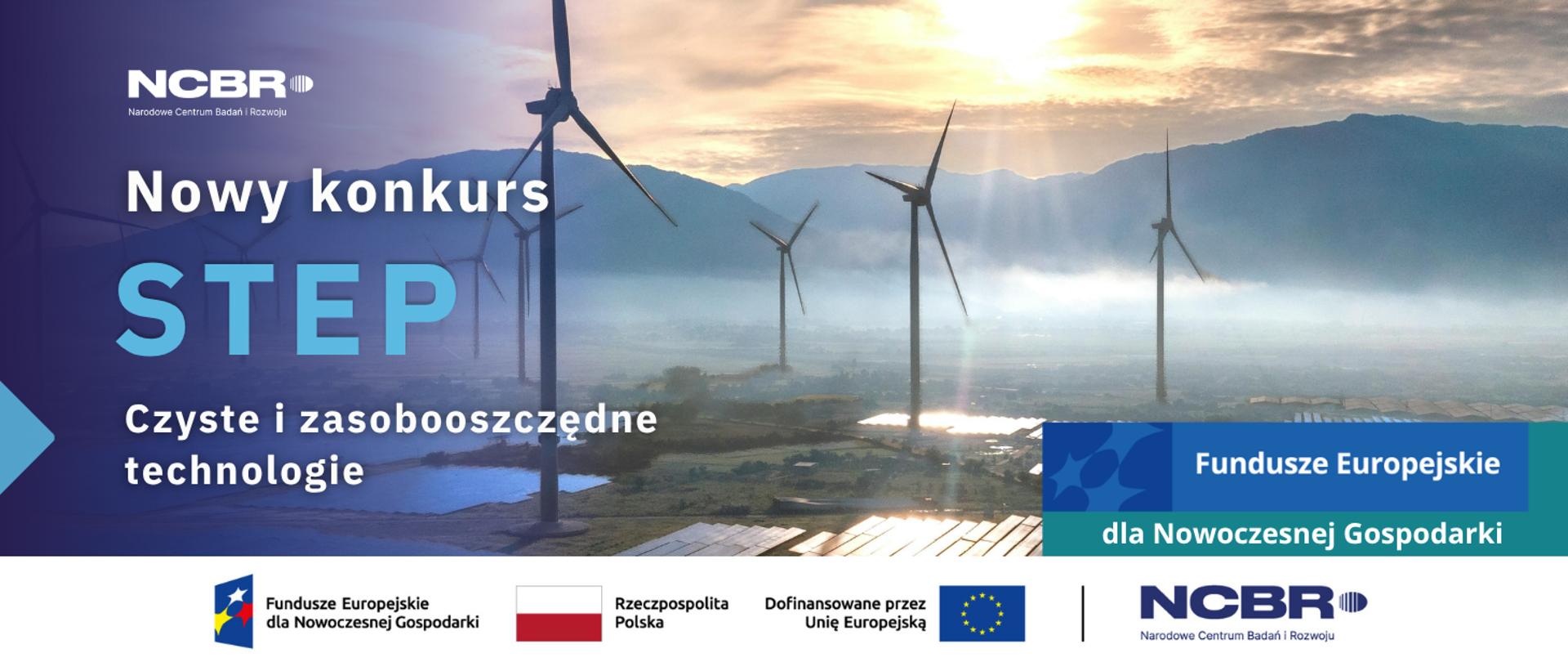Grafika - wiatraki na tle zamglonych gór i napis Nowy konkurs STEP - czyste i zasobooszczędne technologie.
