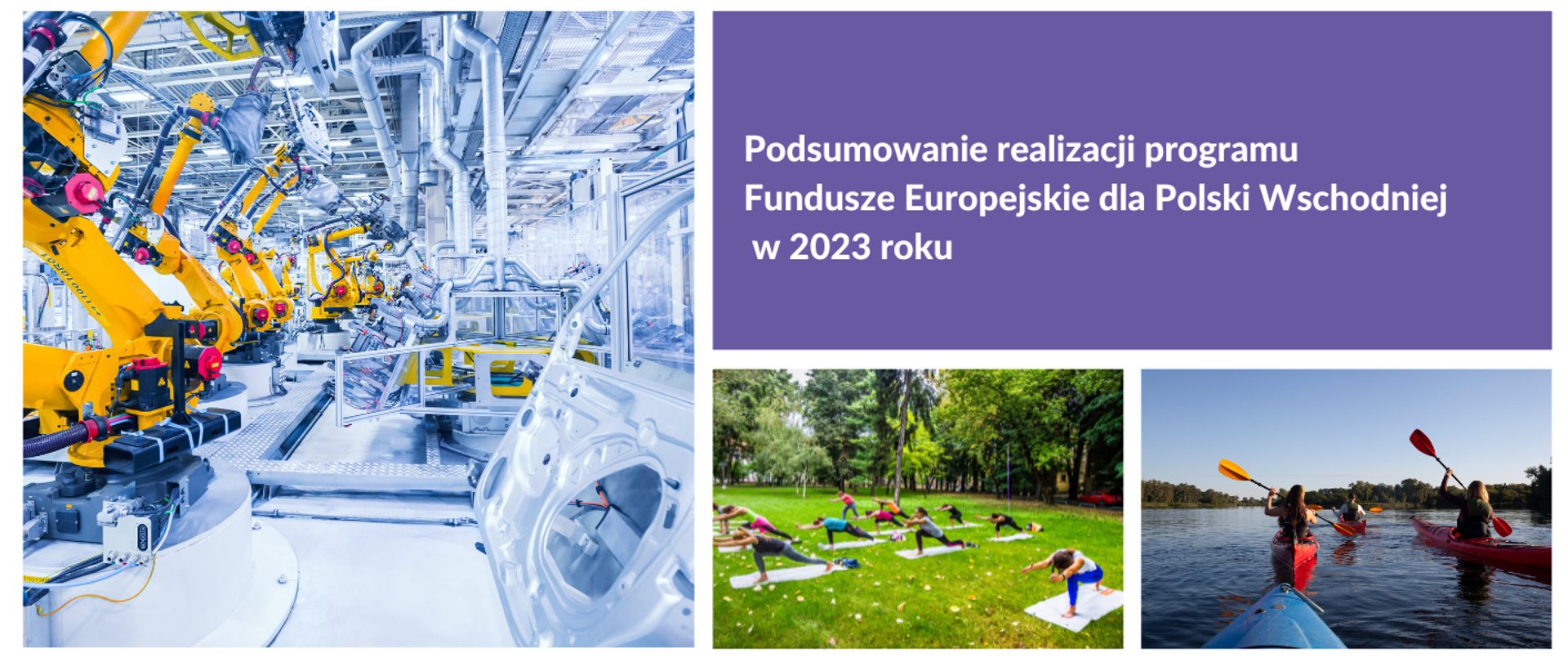 Grafika z halą maszyn, kajakami, grupą osób ćwiczących jogę.