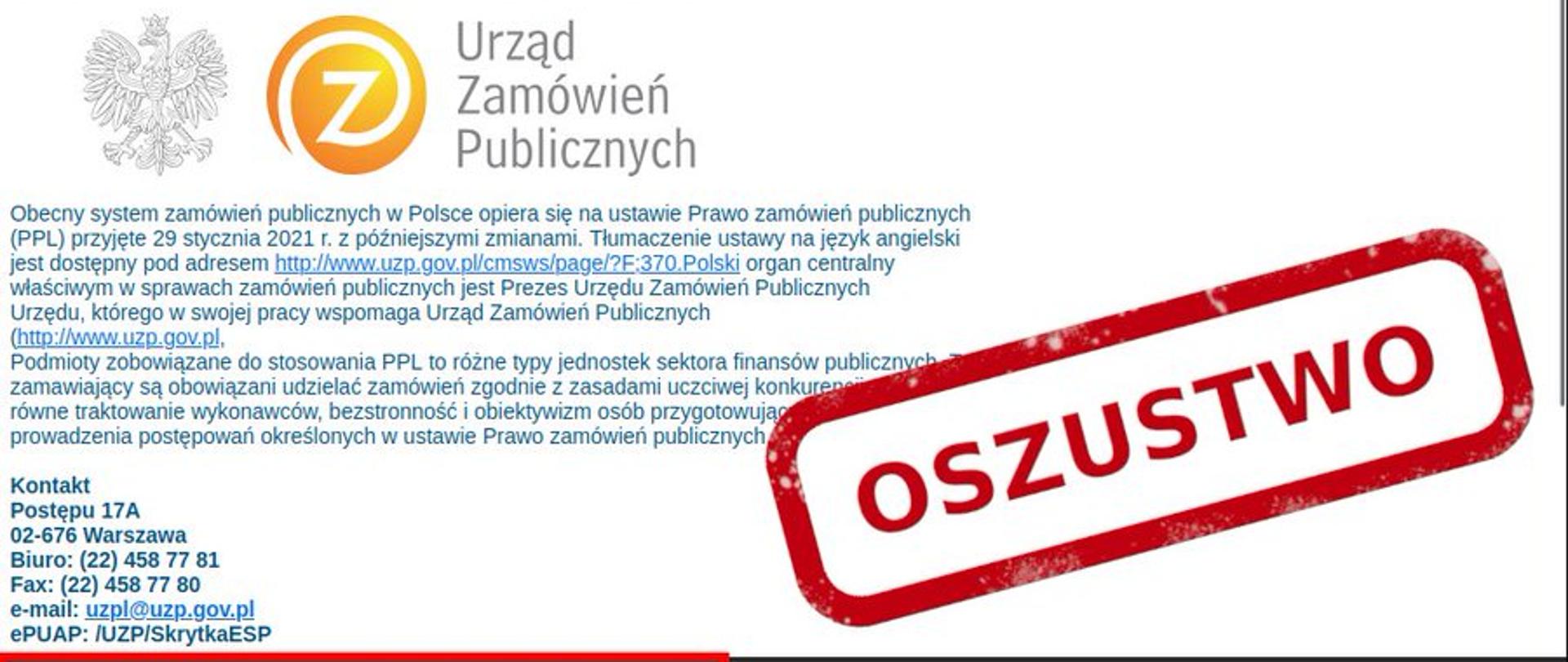 Zdjęcie fałszywej wiadomości e-mail, podszywającej się pod Urząd Zamówień Publicznych. Po prawej stronie czerwony napis OSZUSTWO