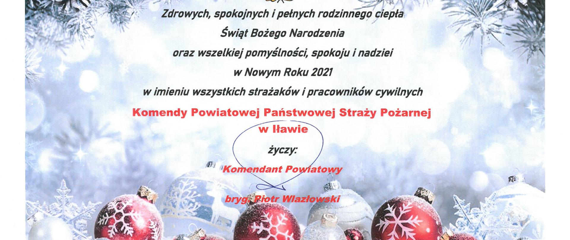 Życzenia świąteczne Komendanta Powiatowego Państwowej Straży Pożarnej w Iławie