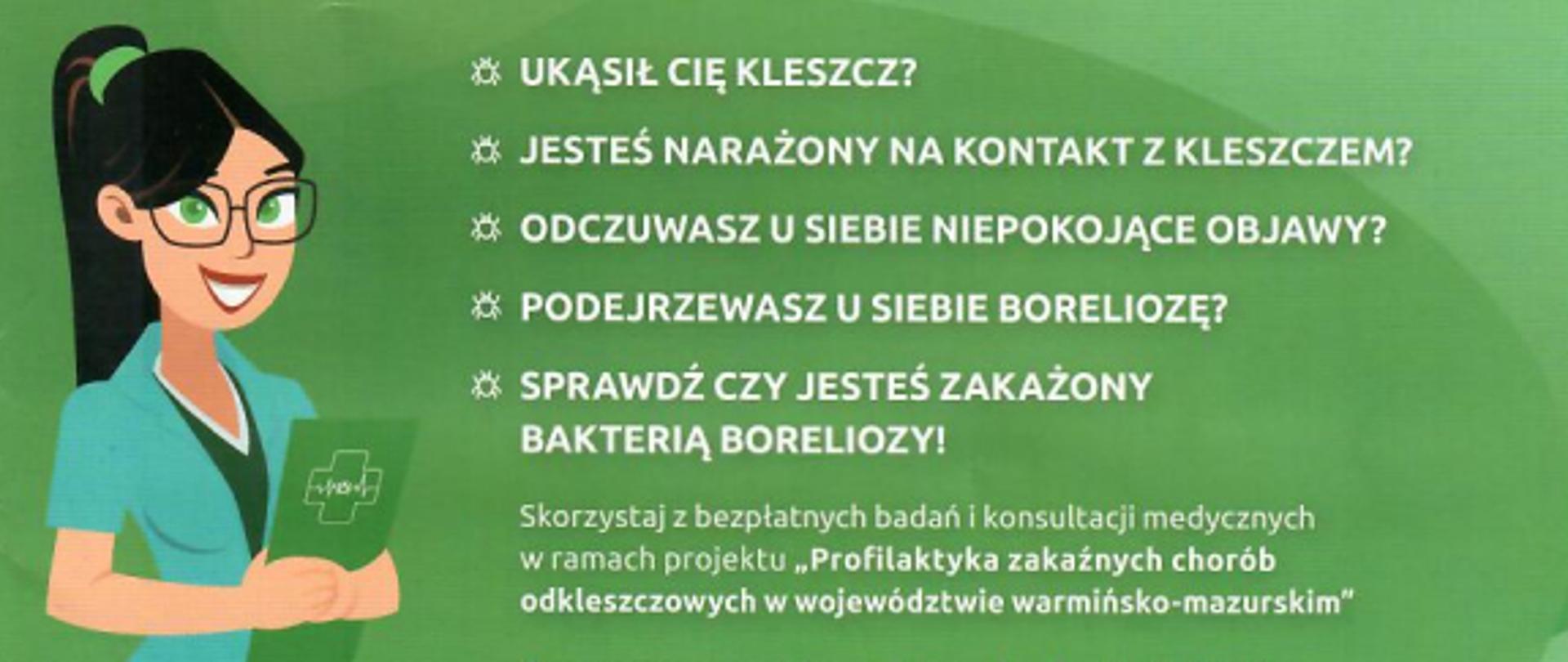 Obraz przedstawia plakat projektu "Profilaktyka zakaźnych chorób odkleszczowych w województwie warmińsko-mazurskim"