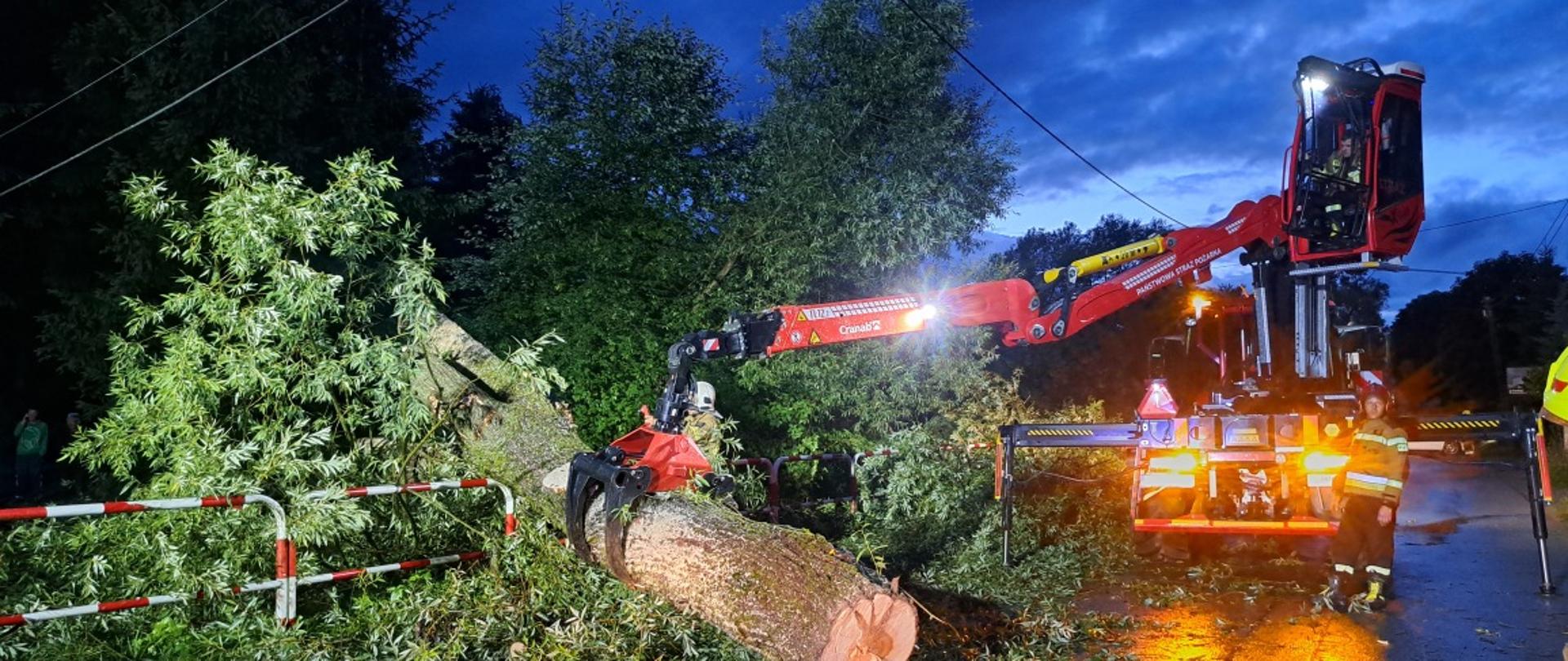 Usuwanie powalonego drzewa pojazdem JCB