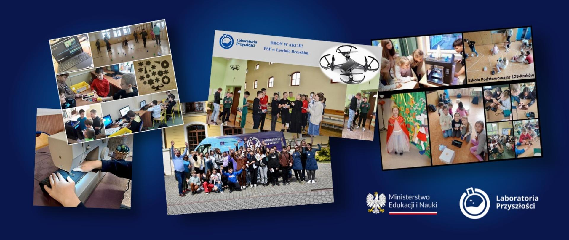 Kolaż ze zdjęciami przedstawiającymi uczniów stojących w grupach w różnych miejscach, na dole logotypy Ministerstwa Edukacji i Nauki oraz programu Laboratoria Przyszłości.