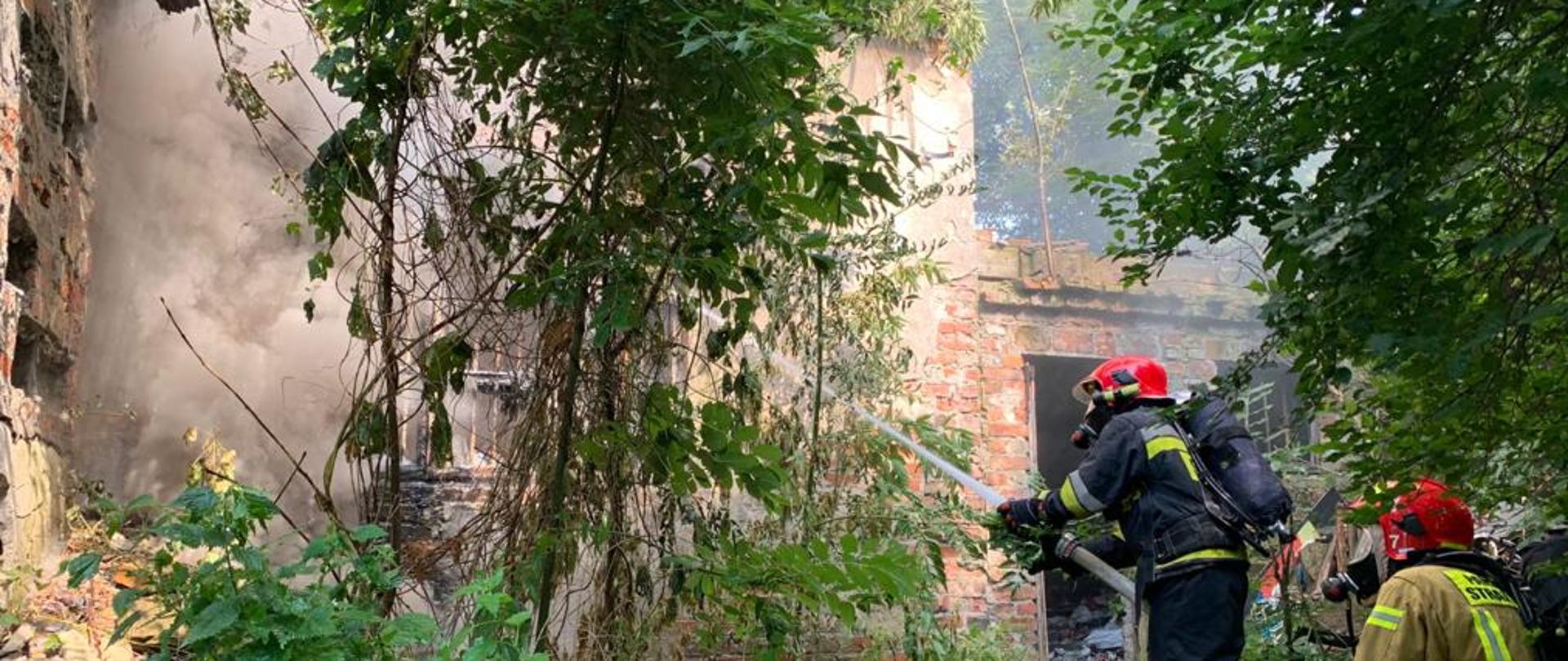 W centralnej części zdjęcia widoczny budynek pustostanu. Po lewej stronie zdjęcia widoczne wydobywające się zadymienie z jego wnętrza. Po prawej stronie zdjęcia widać strażaków z linią gaśniczą podających prąd wody w natarciu na pożar.