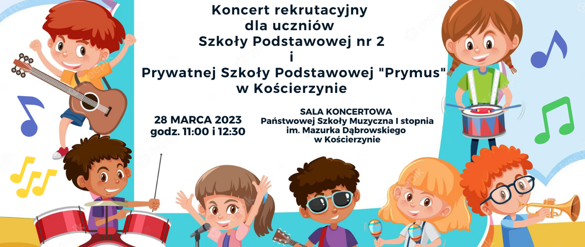 Na zdjęciu uczniowie z instrumentami: gitara, bębenek, perkusja, trąbka. Zdjęcia dzieci u dołu oraz po bokach zdjęcia. W centralnej części na białym tle informacja o koncercie rekrutacyjnym (odbiorcy, miejsce, data i godzina koncertu)