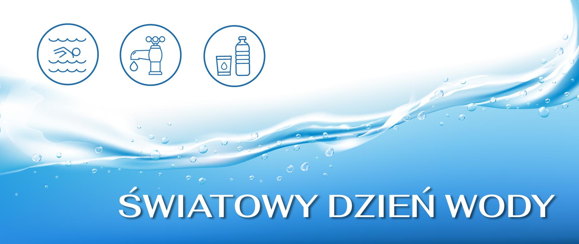 Grafika ilustrująca ikony osoby pływającej, kranu oraz butelki z wodą na tle tafli wody. Napis: Światowy Dzień Wody. 