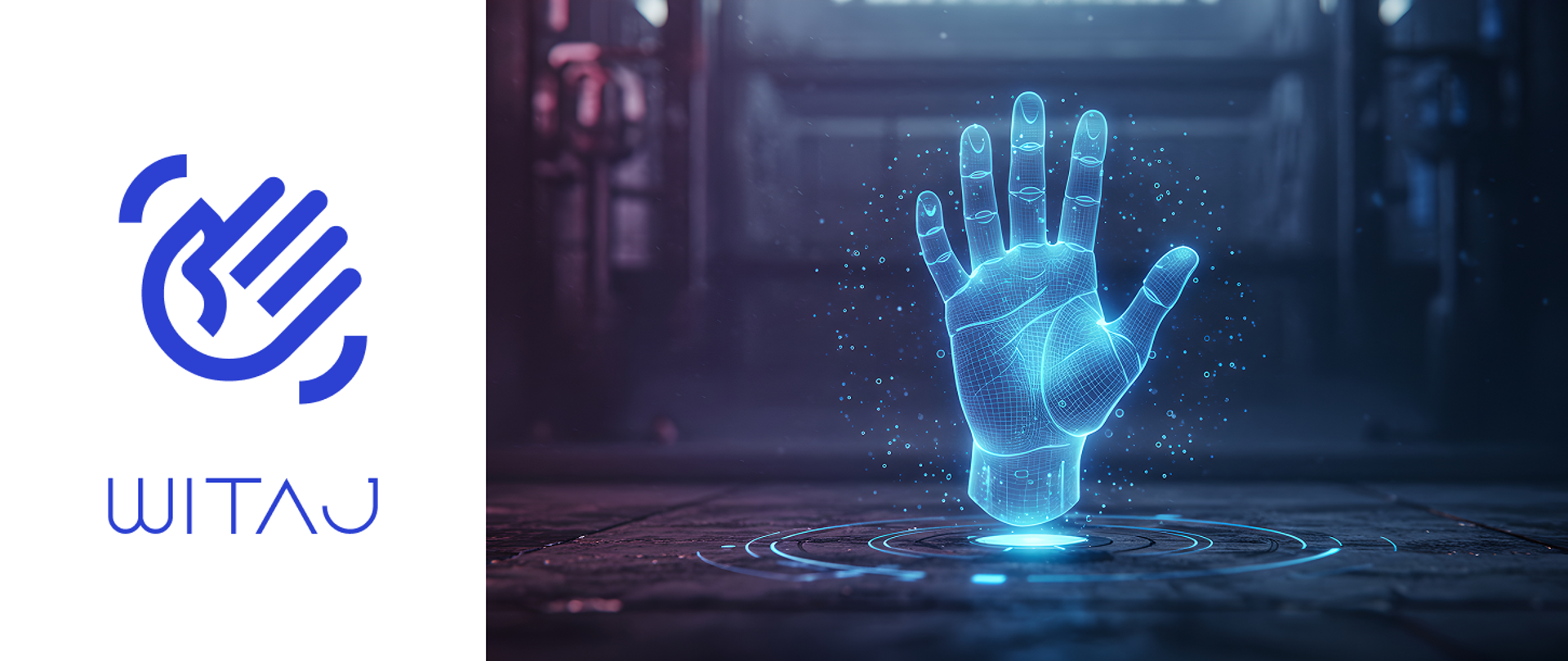 Banner z tekstem "witaj" i otwartą dłonią w stylu cyfrowym.