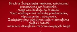 czerwone tło, w dolnym rogu zdjęcie Mikołaja, biały tekst