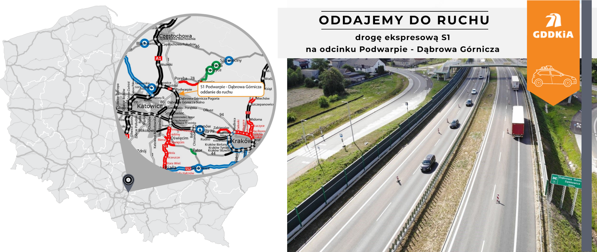 Infografika informująca o oddaniu do ruchu odcinka drogi ekspresowej S1 Podwarpie - Dąbrowa Górnicza. Po lewej mapa Polski z zaznaczonym oddawanym do ruchu odcinkiem. Po prawej zdjęcie ze świeżo udostępnionego odcinkach. Dwujezdniowa droga ekspresowa po dwa pasy ruchu w obu kierunkach. Na obu jezdniach na środku ustawione jest jeszcze oznakowanie tymczasowe oddzielające tymczasowy pas ruchu. W obu kierunkach poruszają się już liczne pojazdy. W tle zabudowania mieszkalne i kładka dla pieszych przechodząca nad drogą ekspresową.