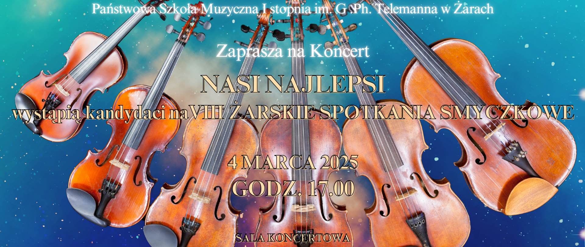 Plakat zapowiada koncert uczniów Państwowej Szkoły Muzycznej I stopnia im. Georga Philippa Telemanna w Żarach pod tytułem "NASI NAJLEPSI", podczas którego wystąpią kandydaci na VIII Żarskie Spotkania Smyczkowe.
Elementy graficzne i styl
Tło: Kosmiczne, gwiaździste niebo w odcieniach niebieskiego i zieleni, nadające głębi i uroczystego charakteru.
Grafika: Centralnym elementem jest zbiór skrzypiec, ułożonych symetrycznie i zwróconych ku środkowi, co symbolizuje jedność i współpracę młodych muzyków.
Tekst:
Tytuł "NASI NAJLEPSI" wyróżniony dużą, elegancką czcionką z złotym obramowaniem, podkreślając prestiż wydarzenia.
Informacja o VIII Żarskich Spotkaniach Smyczkowych napisana klasycznym, ozdobnym fontem.
Data i godzina: 4 marca 2025, godz. 17:00.
Miejsce: Sala Koncertowa.
Przekaz
Plakat emanuje prestiżem, elegancją i profesjonalizmem. Kontrast między klasycznymi instrumentami a nowoczesnym, kosmicznym tłem sugeruje połączenie tradycji z nowoczesnością. Układ i styl czcionek podkreślają podniosły charakter koncertu, a symetryczne rozmieszczenie skrzypiec wzmacnia harmonijną i zespołową atmosferę wydarzenia.