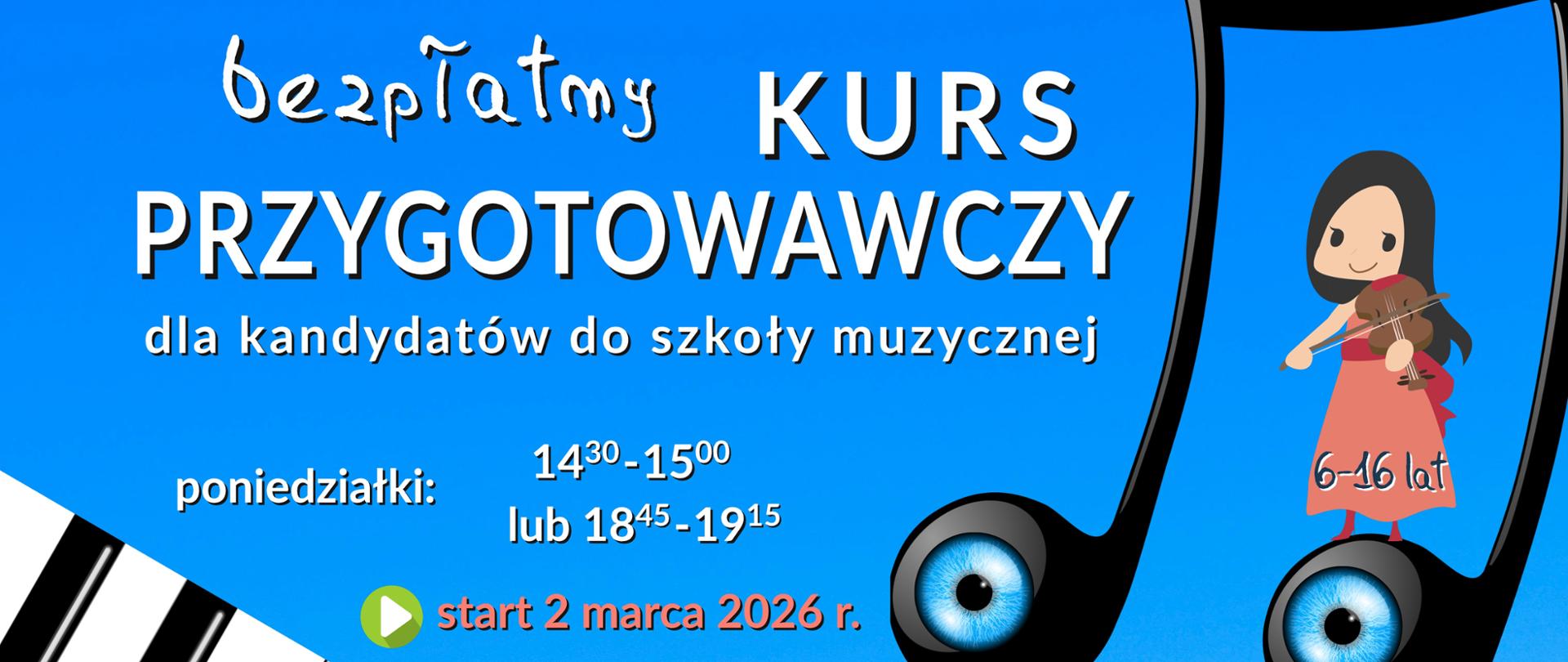 plakat na błękitnym tle z motywami klawiatury i patrzących nutek - kurs przygotowawczy dla kandydatów do szkoły muzycznej