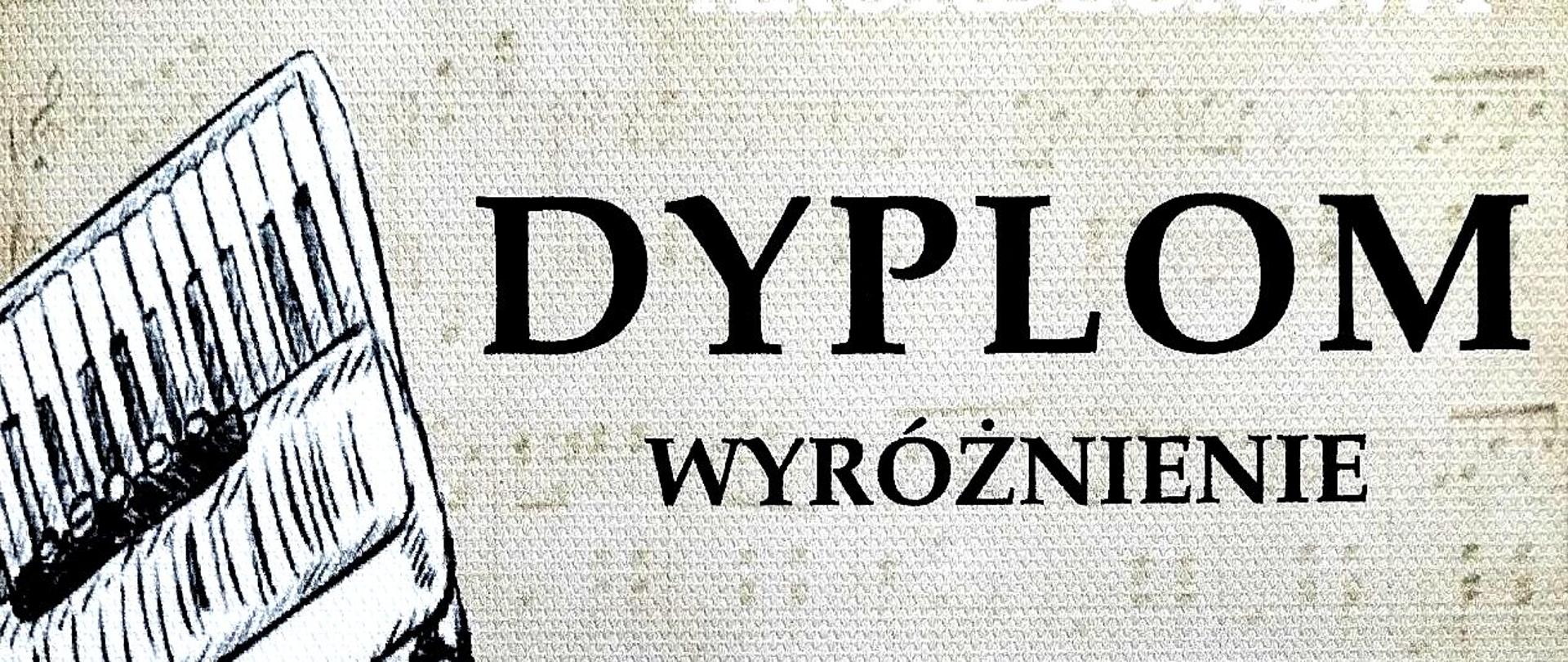 Zdjęcie przedstawia dyplom wyróżnienia jaki otrzymał uczeń Adam Wantuch w VIII Międzyszkolnym Konkursie Akordeonowym w Nowym Tomyślu. W tle rysunek akordeonu oraz beżowa kartka z nutami.