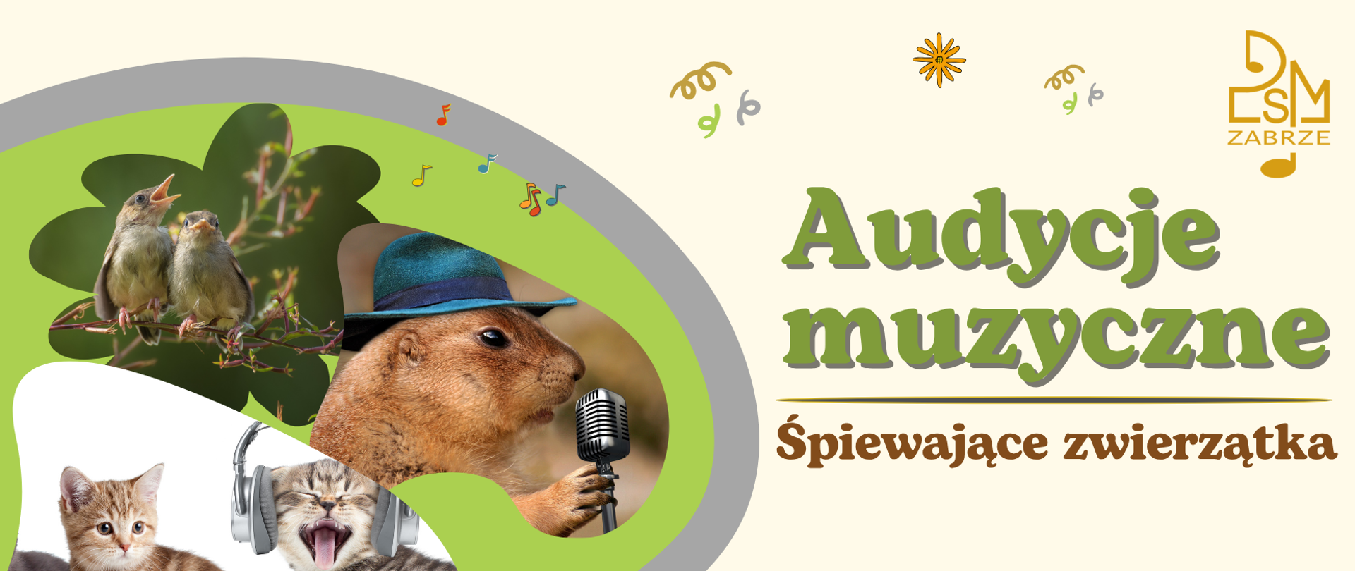 Na plakacie widnieje kolorowa grafika promująca wydarzenie „Audycje muzyczne – Śpiewające zwierzątka”. Po lewej stronie znajdują się zdjęcia zwierząt: dwa śpiewające ptaszki na gałęzi, świstak w kapeluszu przy mikrofonie oraz dwa koty, z których jeden ma założone słuchawki. Po prawej stronie umieszczono napisy z informacjami: tytuł wydarzenia, data,, godziny oraz miejsce. Całość utrzymana jest w ciepłej, wesołej stylistyce z elementami graficznymi w zieleni, brązie i beżu.