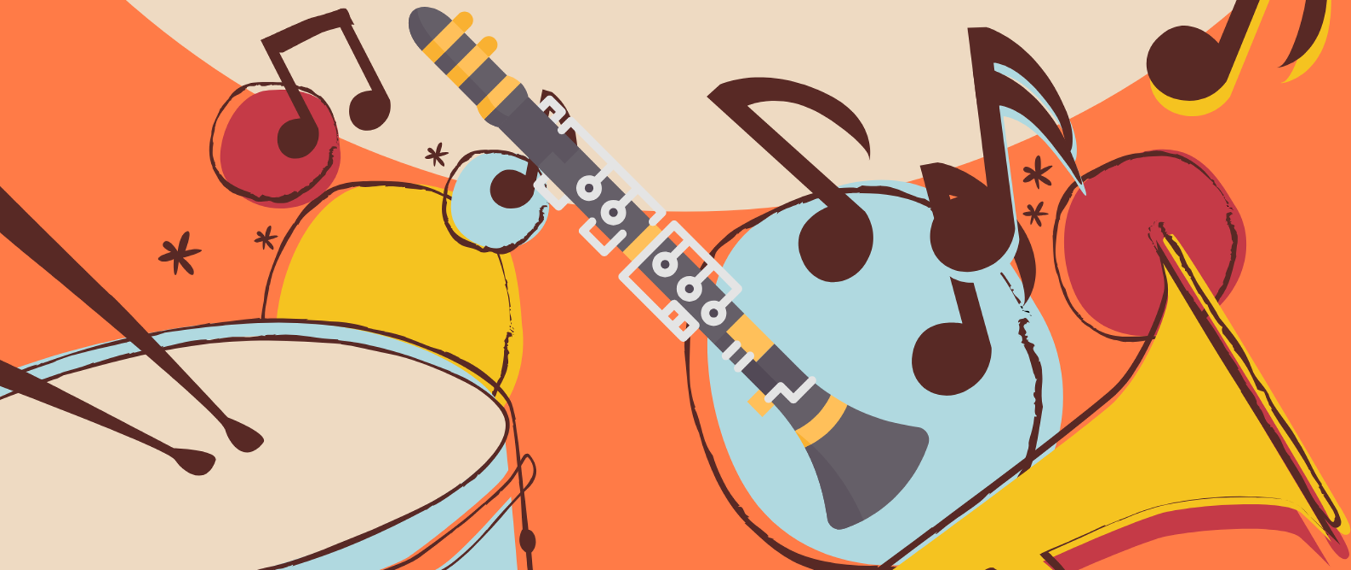 Beżowo pomarańczowe tło plakatu, na którym są umieszczone brązowe litery z informacją o koncercie. Na samym dole kolorowe kule wraz z brązowymi nutkami oraz perkusja , klarnet, trąbka.