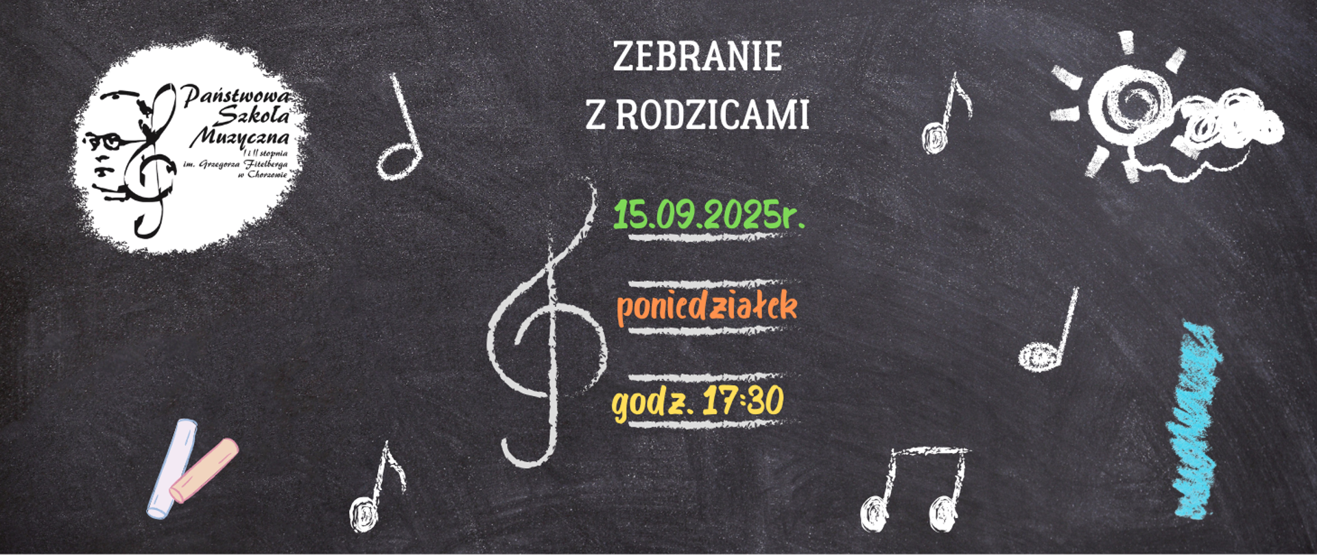 Grafika zawierająca treść Zebranie z rodzicami 15.09.2025 r. poniedziałek godz. 17.30 