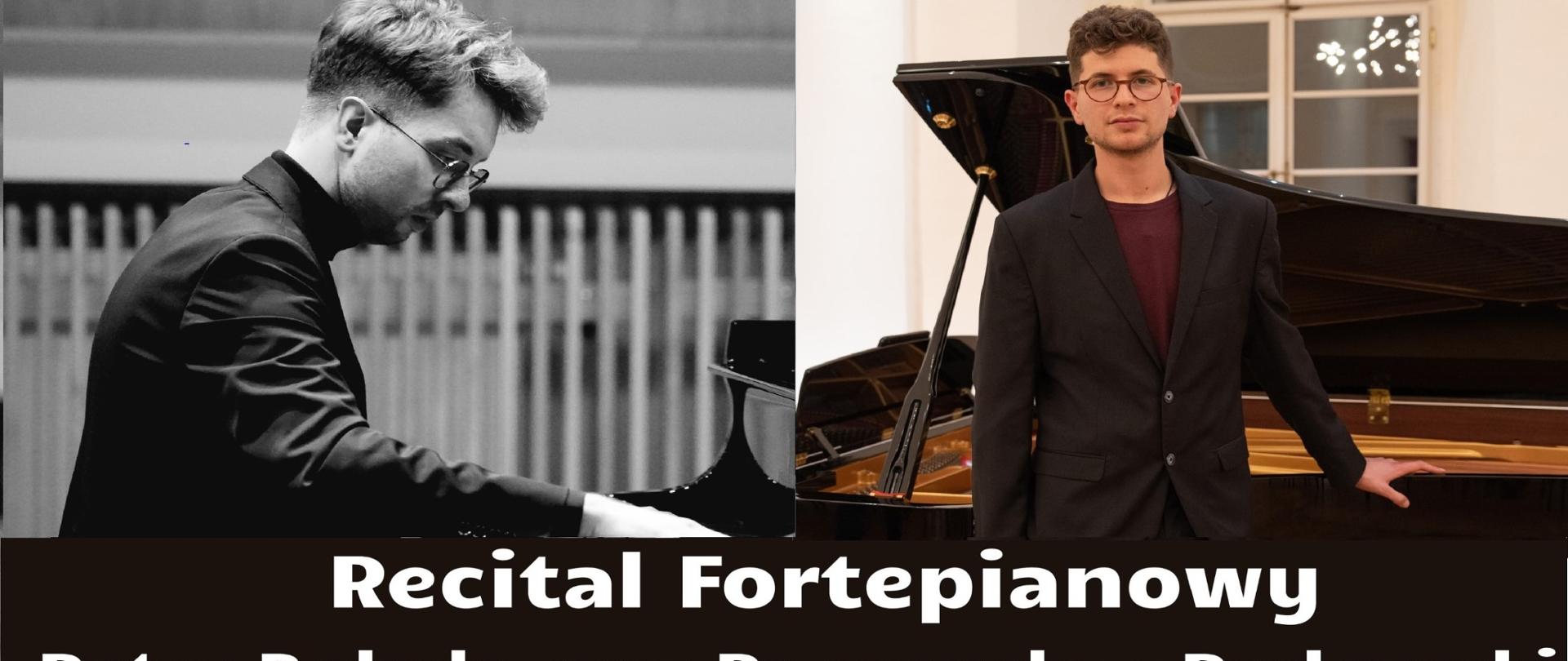 W głównej części pionowego plakatu umieszczono dwa zdjęcia przedstawiające wykonawców przy fortepianach. Prawe zdjęcie jest w pełni kolorów, lewe zdjęcie czarno białe. Pod zdjęciami białą czcionką na czarnym tle umieszczone są informacje o wykonawcach. 