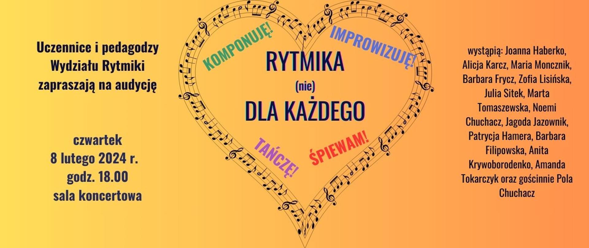 żółto-pomarańczowe gradientowe tło, na środku serce stworzone z nut i pięciolinii oraz kolorowe napisy, po lewej data i godzina wydarzenia, po prawej wykonawczynie