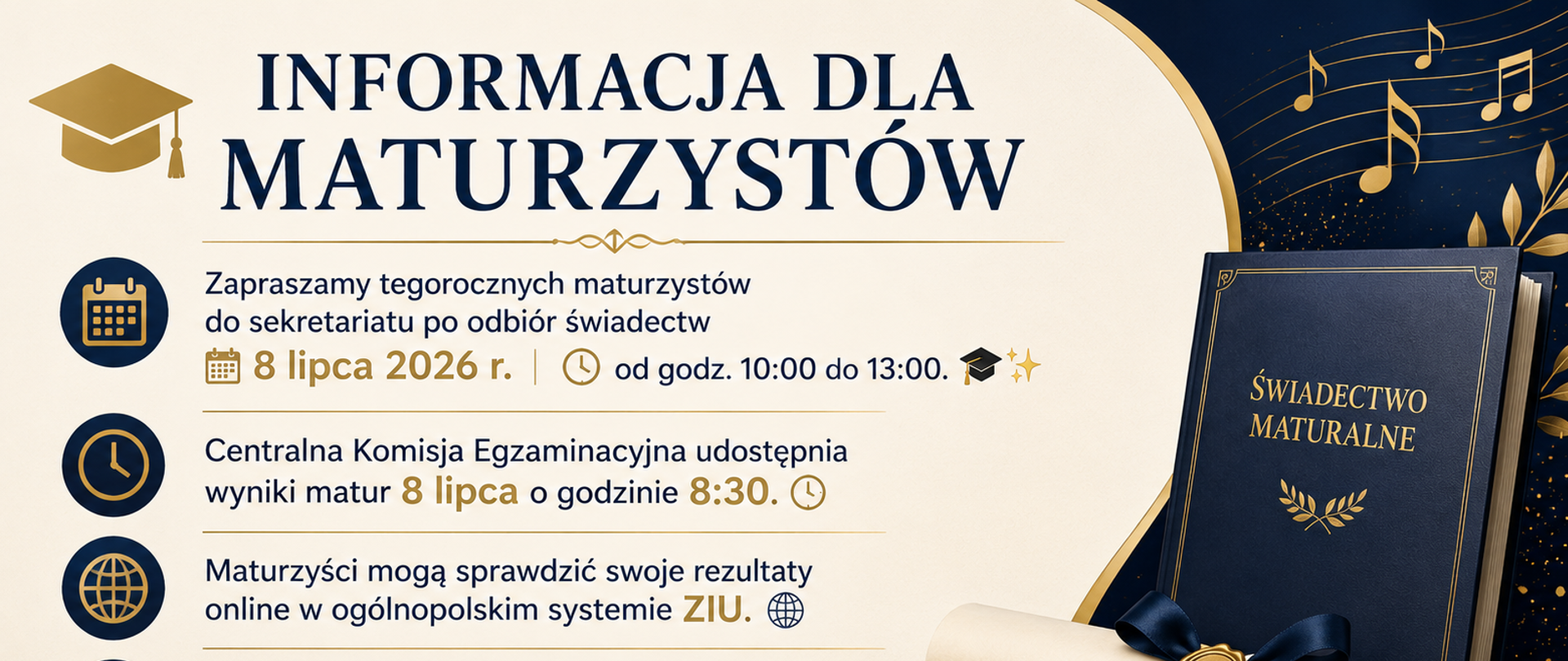 baner z informacją: Zapraszamy tegorocznych maturzystów do sekretariatu po odbiór świadectw 8 lipca 2026 r. 🗓️ od godz. 10:00 do 13:00. 🎓✨ Centralna Komisja Egzaminacyjna udostępnia wyniki matur 8 lipca o godzinie 8:30. ⏰
Maturzyści mogą sprawdzić swoje rezultaty online w ogólnopolskim systemie ZIU. 🌐
Jeśli absolwent szkoły nie może odebrać wyników osobiście, konieczne jest pisemne upoważnienie.