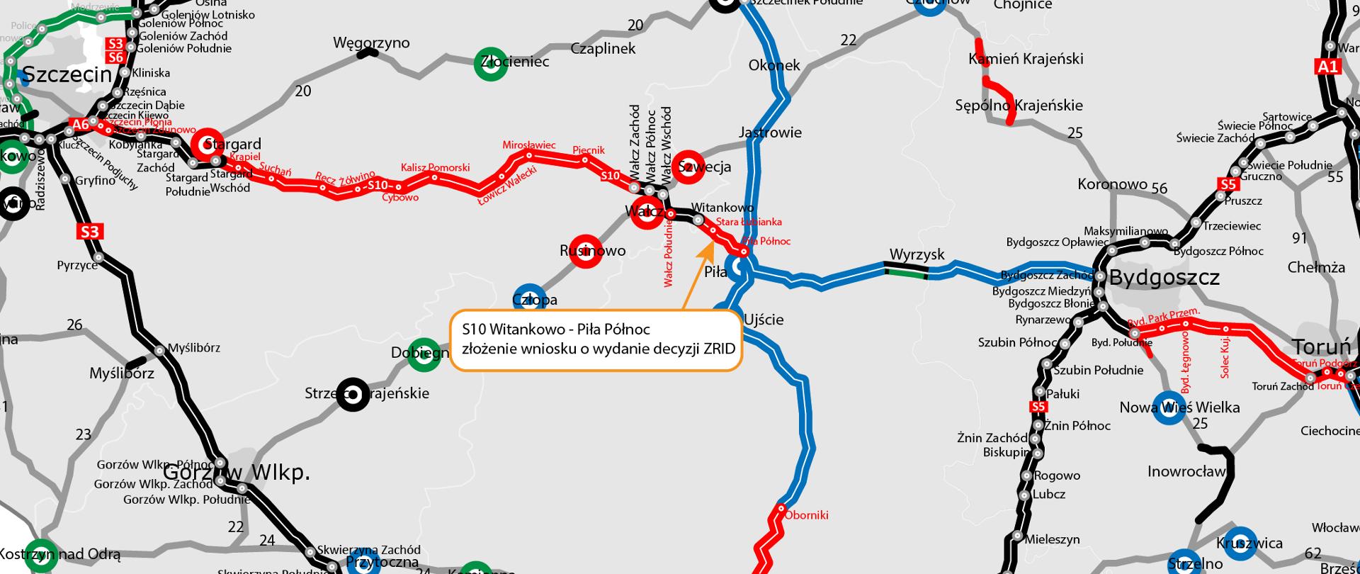 Mapa przedstawia różne drogi i autostrady w Polsce, z wyróżnionymi trasami w różnych kolorach. Na mapie znajdują się miasta takie jak Szczecin, Poznań, Bydgoszcz i Toruń. Kluczowe trasy są oznaczone różnymi kolorami: czerwonym dla dróg planowanych lub będących w budowie, niebieskim dla istniejących dróg oraz zielonym dla innych ważnych tras. Na mapie znajduje się również etykieta "S10 Witankowo - Piła Północ złożenie wniosku o wydanie decyzji ZRID.