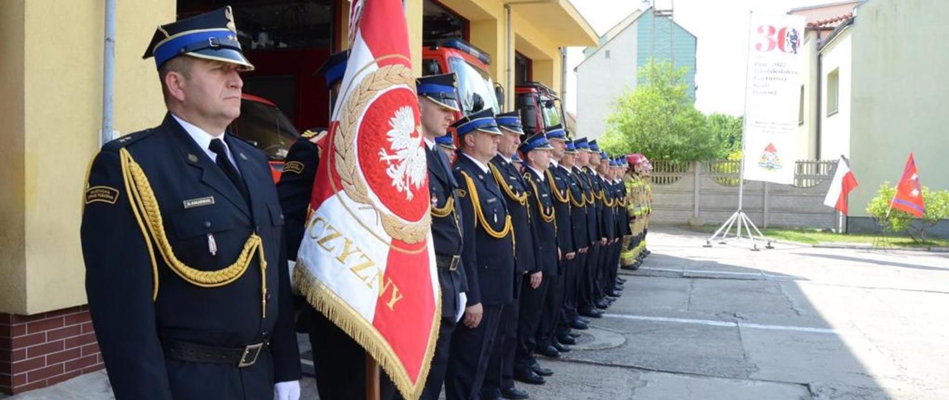 Strażacy stojący w szyku.