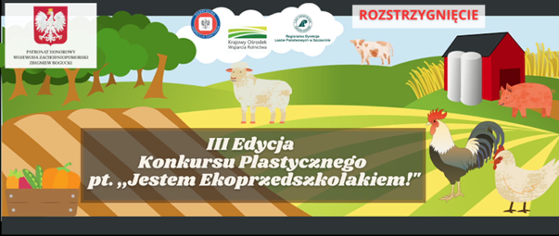 Rozstrzygnięcie III edycji konkursu plastycznego, obraz przedstawia zwierzęta na polanie, drzewa oraz warzywa.