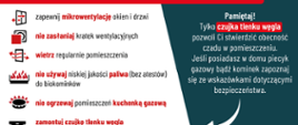 Grafika edukacyjna Państwowej Straży Pożarnej pod tytułem „JAK ZAPOBIEGAĆ ZATRUCIU CZADEM?”. Po lewej stronie, na białym tle, znajduje się pionowa lista zawierająca dziewięć zasad bezpieczeństwa (m.in. o mikrowentylacji, przeglądach instalacji i montażu czujki) – każda zasada opatrzona jest prostą, kolorową ikoną. Prawa strona grafiki ma ciemnozielone tło, na którym umieszczono białą sylwetkę kominiarza z czyszczakiem, tekst przypominający o roli czujki tlenku węgla oraz oficjalne logotypy prewencji społecznej PSP.