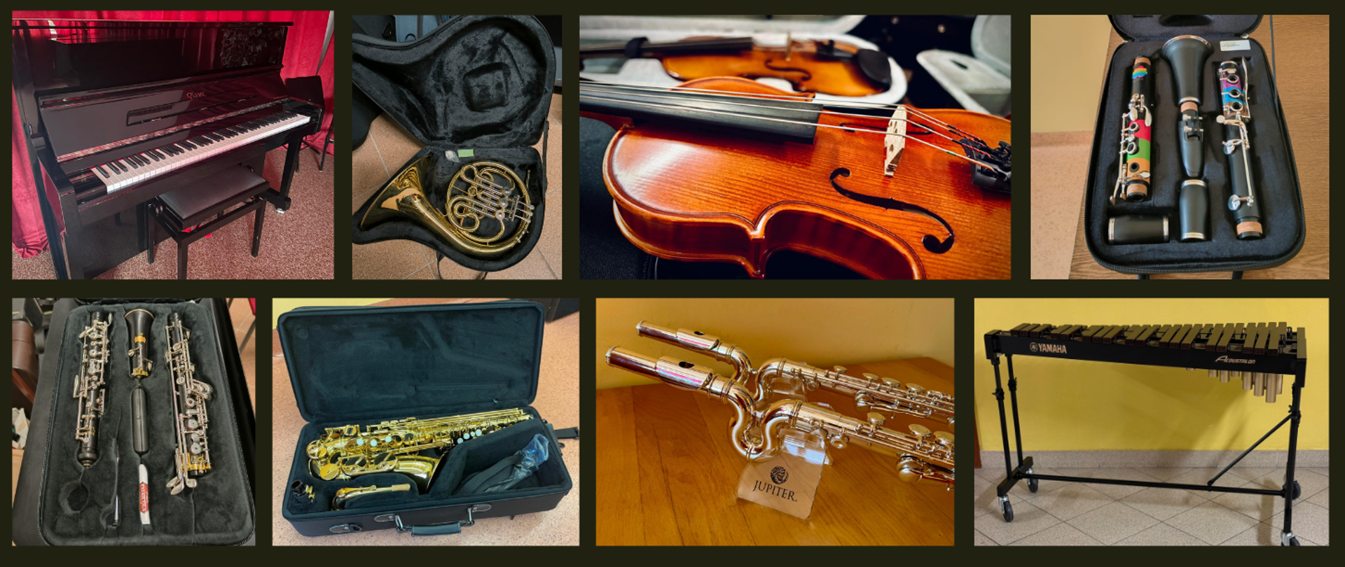 Kolaż ośmiu zdjęć zakupionych instrumentów muzycznych.