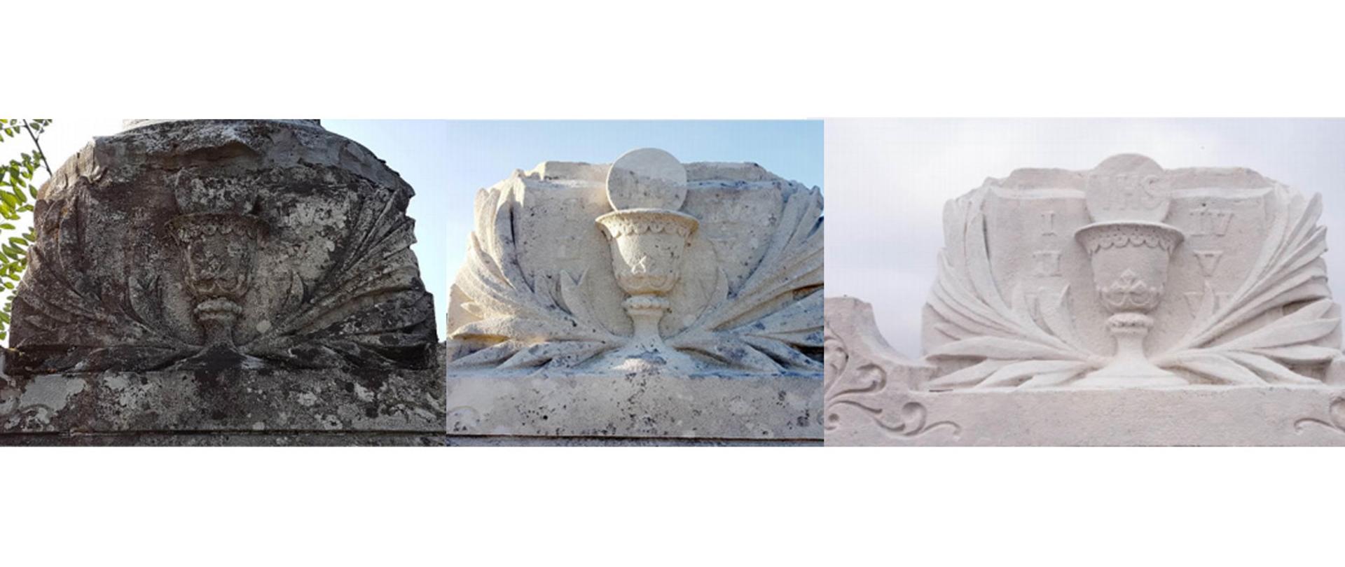 Jaworów, nagrobek nieznanej osoby, przed konserwacją, w trakcie i po, fot. Bartosz Iwaszkiewicz