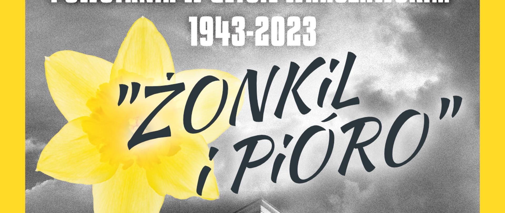 Plakat w kolorach czarno białych w żółtej ramce. W tle Synagoga Rutika w Dzierżoniowie i zaproszenie na koncert dnia 19 kwietnia br. o godz. 12:00 oraz nazwiska wykonawców. Na dole plakatu loga organizatorów koncertu. Pod tytułem koncertu żółty żonkil.