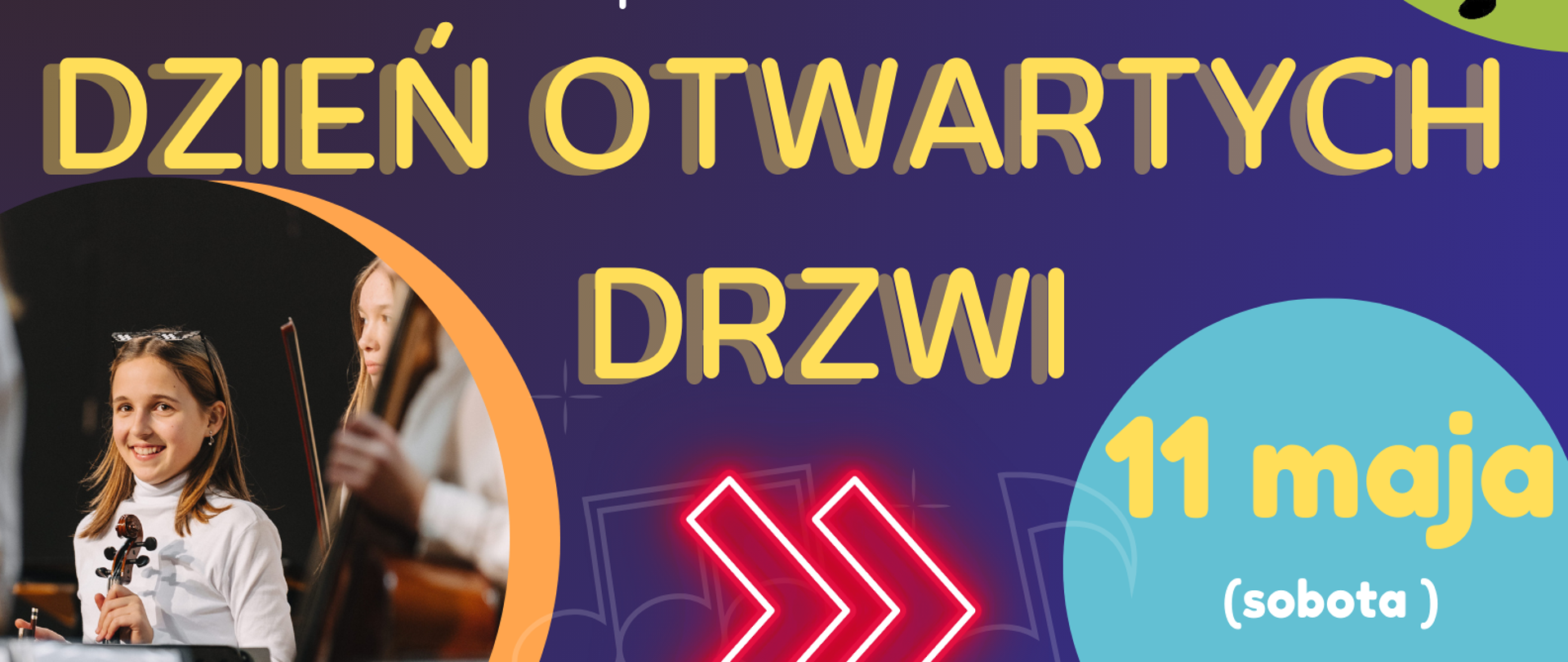 Grafika przedstawia kolorowy plakat dzień otwartych drzwi, 11 maja sobota 2024, całość tekstu na granatowo niebieskim tle, z lewej strony okrągłe fragmenty fotografii szkolnych.