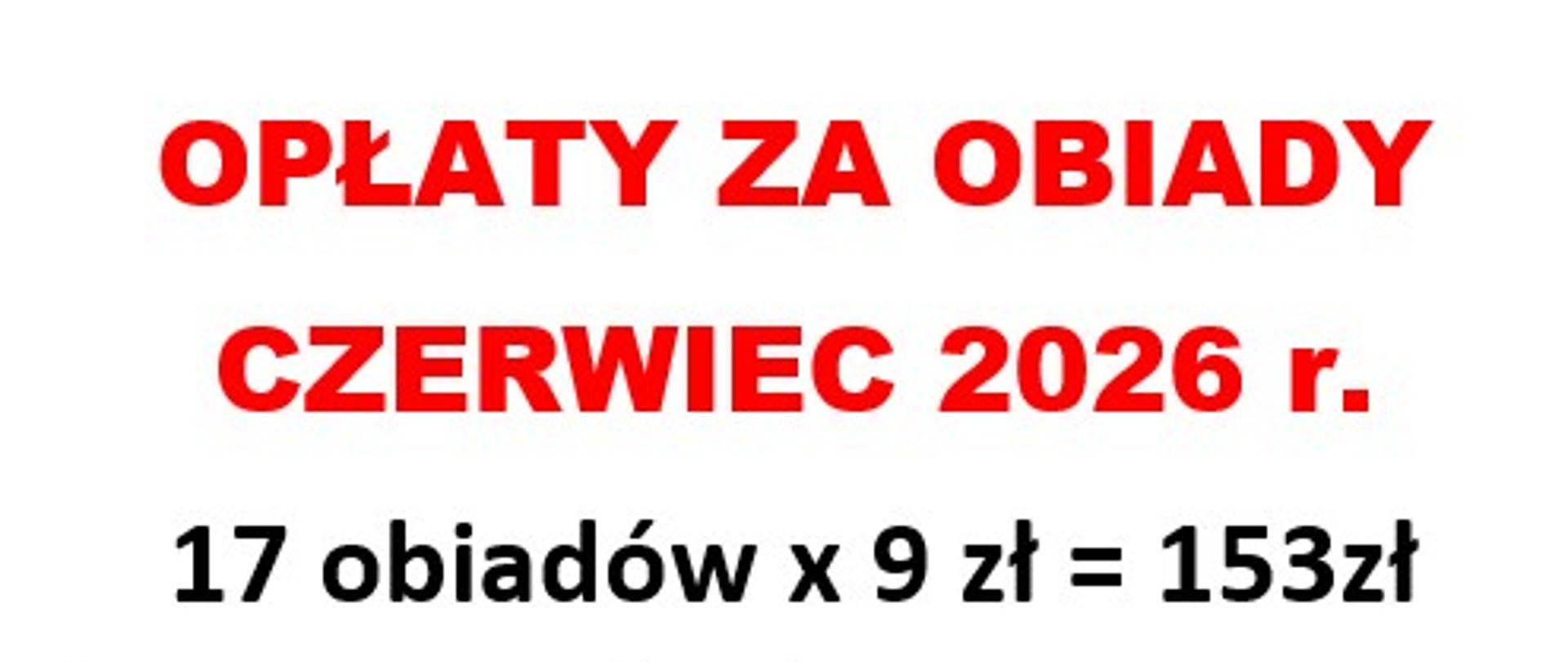 Opłaty za obiady w miesiącu czerwiec 2026